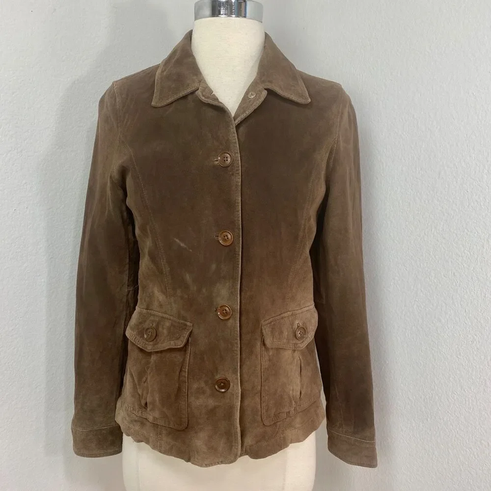 Vintage Eddie Bauer Seattle Suede Brown Jacket SM Washable Button Front Pocket